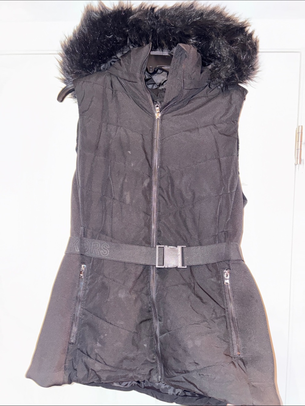 Michael Kors Black Quilted Puffer Vest with Faux Fur Trim Hood